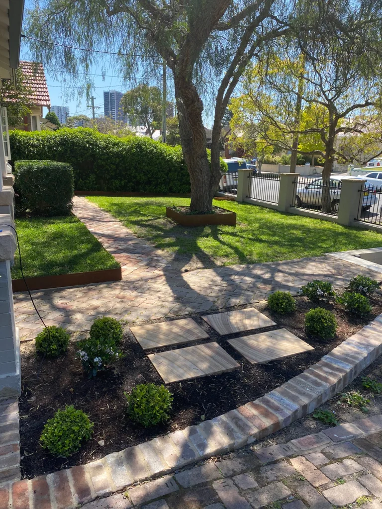 Brick garden path and stone steps beneath an established tree