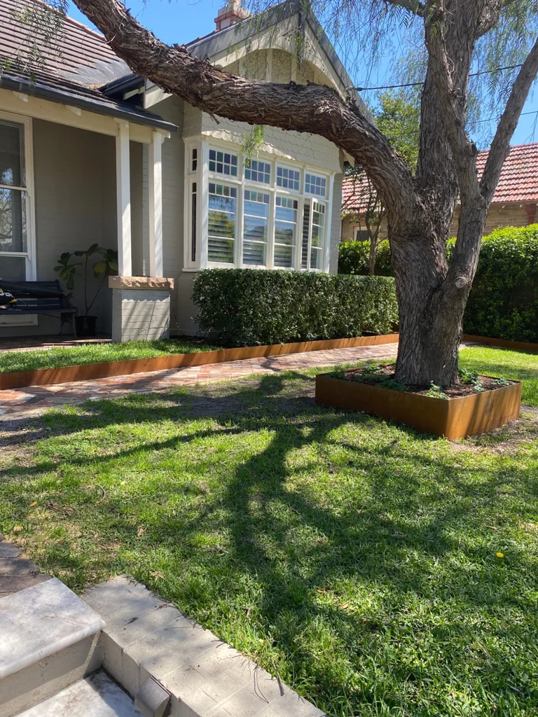 Front lawn and mature tree beside the house and verandah
